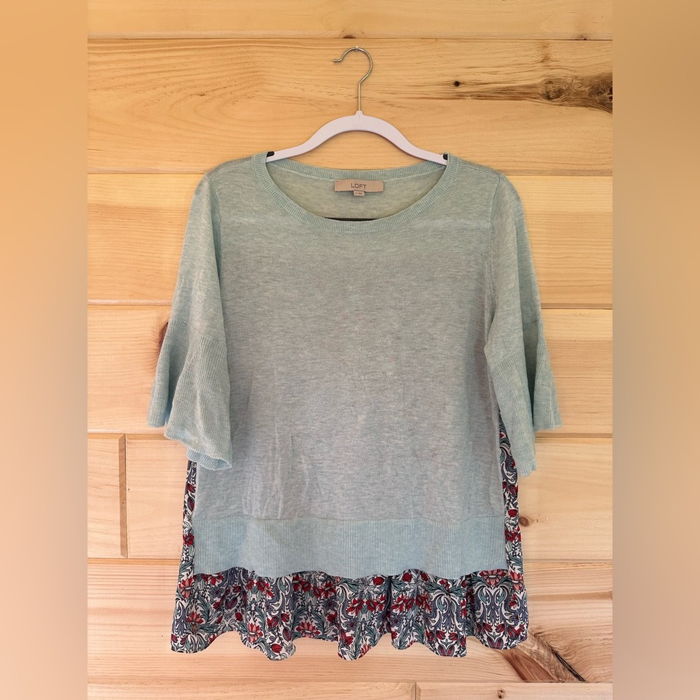 LOFT by Ann Taylor | Short Bell Sleeve Sweater Blouse | Aqua Front + Floral Back